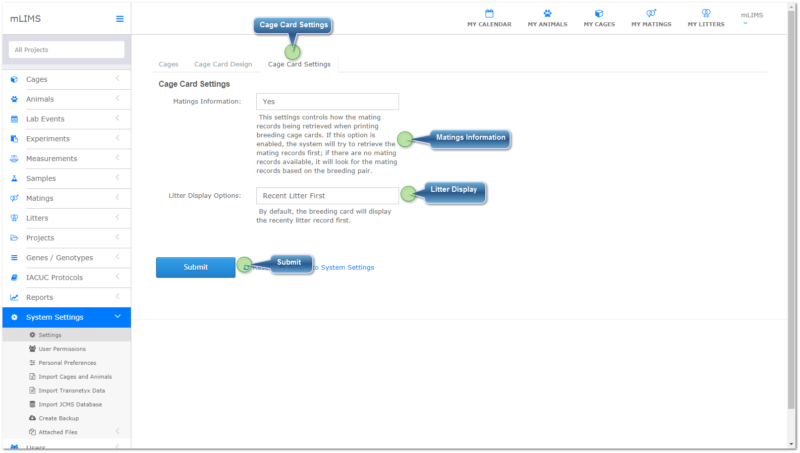 Cage Card Settings