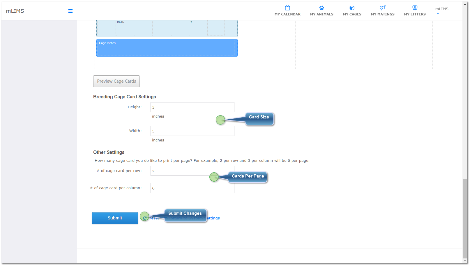 Set Cage Card Print Options